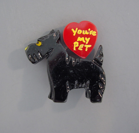 SHULTZ bakelite black dog brooch with red heart