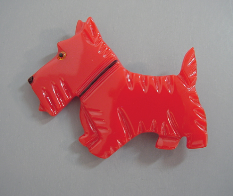 SHULTZ bakelite cheerful red Scotty dog brooch