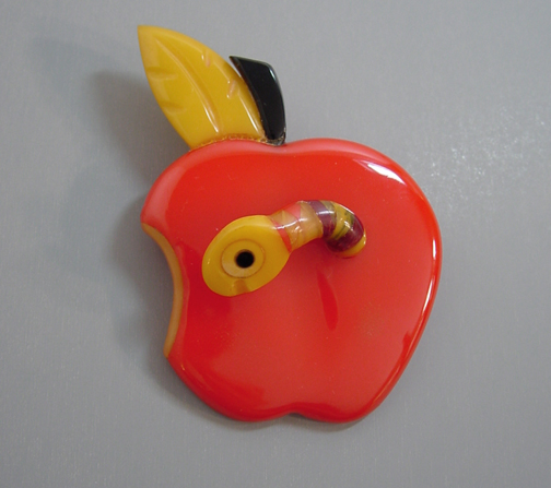 SHULTZ bakelite red apple and worm brooch amazing book piece