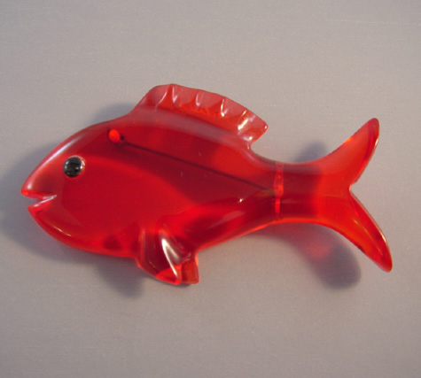 SHULTZ bakelite big cherry red transparent fish brooch