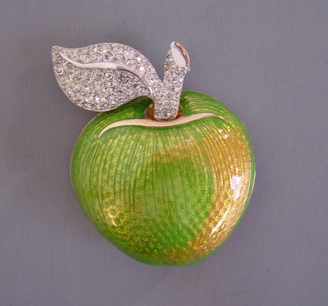 SWAROVSKI green and yellow enamel apple brooch