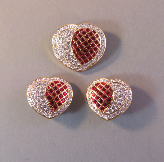 SWAROVSKI red & clear rhinestones heart brooch & earrings