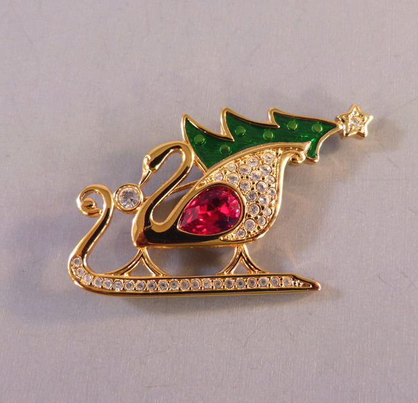 SWAROVSKI swan Christmas sled brooch