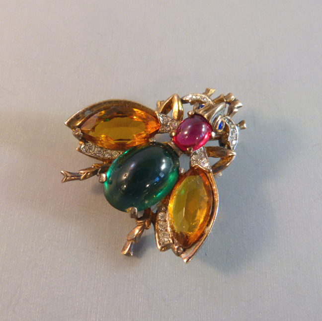 TRIFARI sterling vermeil fly brooch with a green cabochon body