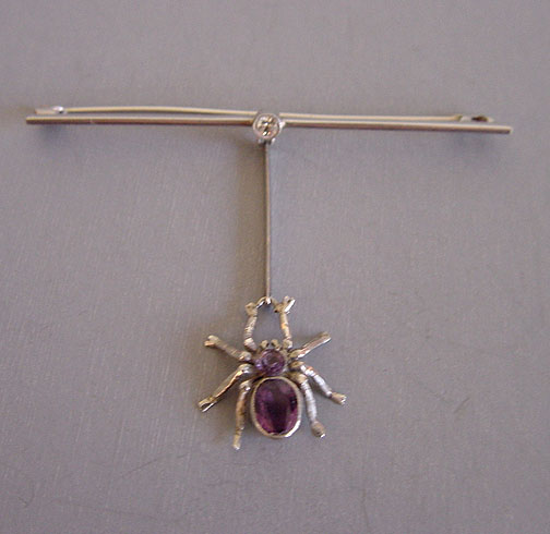 SPIDER silver knife edged bar pin with dangling spider