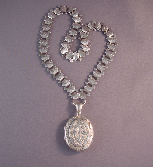 VICTORIAN sterling silver locket and collar, engraved initial