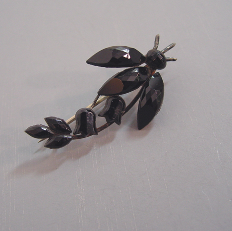 VICTORIAN French jet insect pin with flowers