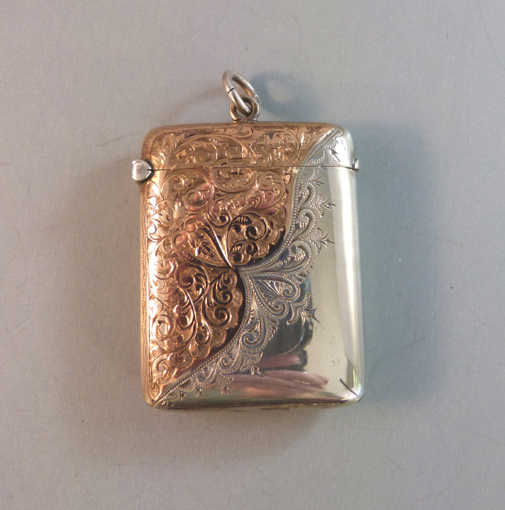 ENGLISH vesta or match safe sterling silver and 9 carat rose gold dated 1904