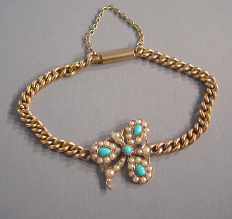 VICTORIAN 9 carat yellow gold, Persian turquoise and pearl bracelet