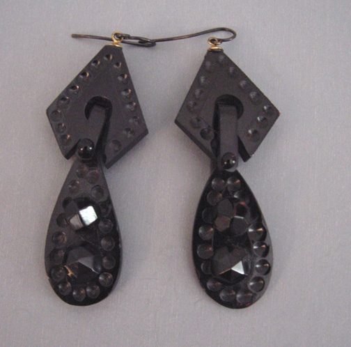 VICTORIAN Whitby jet long dotted earrings with faceted centers