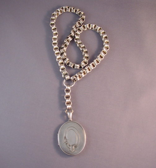 VICTORIAN sterling buckle or garter locket and y-chain 1880s