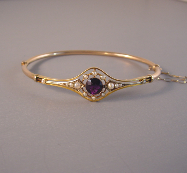 VICTORIAN 9 carat amethyst, seed pearl bangle