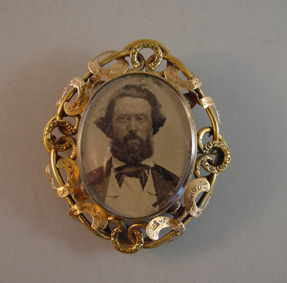VICTORIAN woven hair jewelry brooch, man’s photo