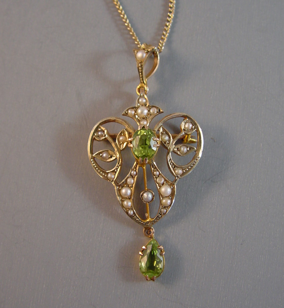 VICTORIAN 9k peridot and seed pearl lavaliere brooch - Morning Glory ...