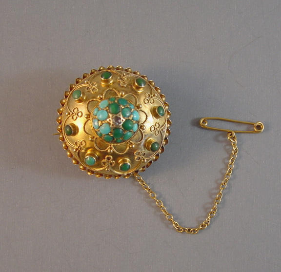 VICTORIAN 10k Etruscan Revival Persian turquoise brooch