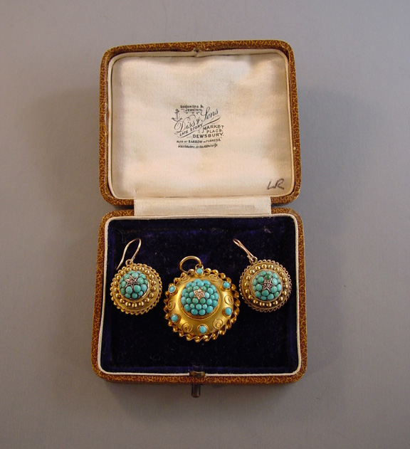 VICTORIAN 10-14k Etruscan Revival turquoise diamond pendant earr