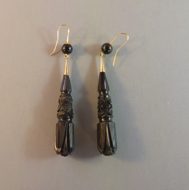 VICTORIAN Whitby jet hand carved long earrings