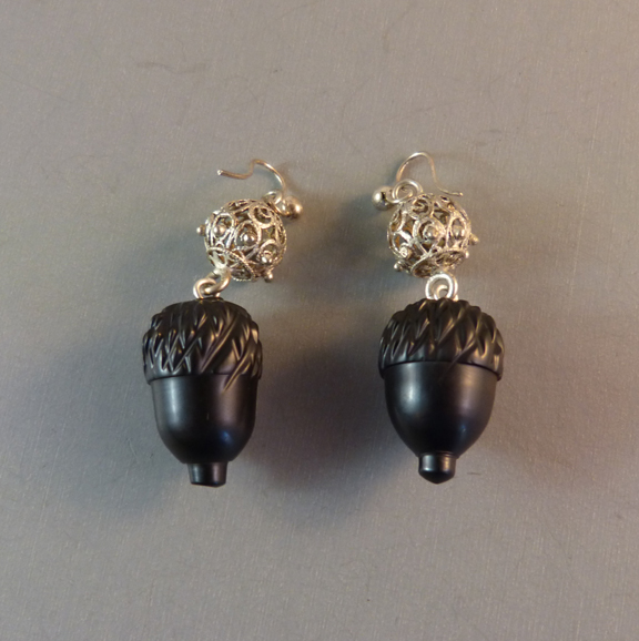 VICTORIAN Whitby jet acorn earrings silver filigree tops