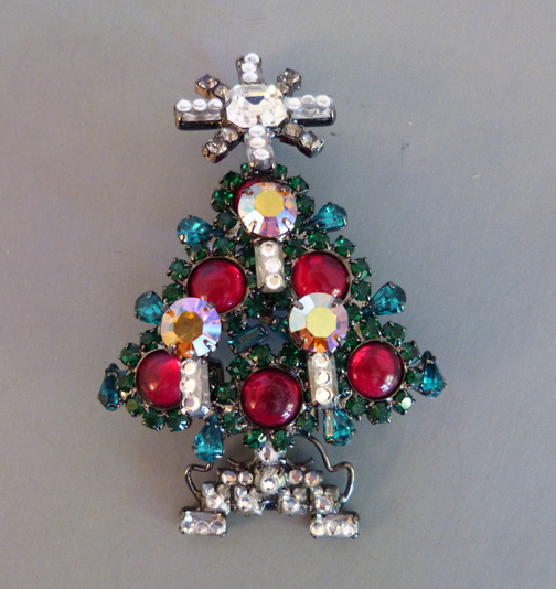 VRBA Christmas tree brooch with red, green, teal