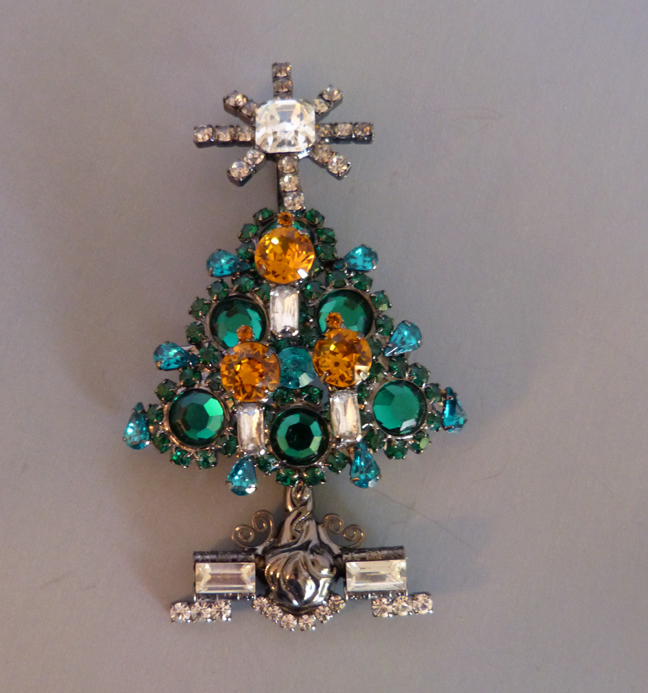 VRBA Christmas tree holiday brooch with green, clear and topaz