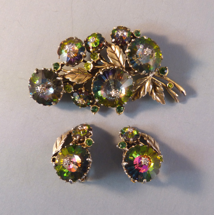 WEISS green, purple aurora borealis brooch earrings