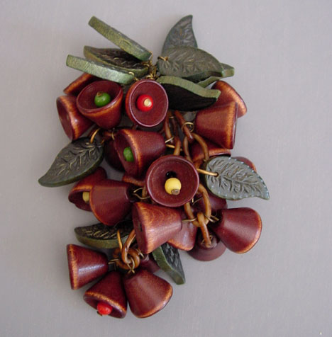 WOOD brown bell and green leaf shapes pin with colorful glass bead clappers