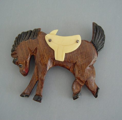 WOOD carved bucking bronco horse brooch