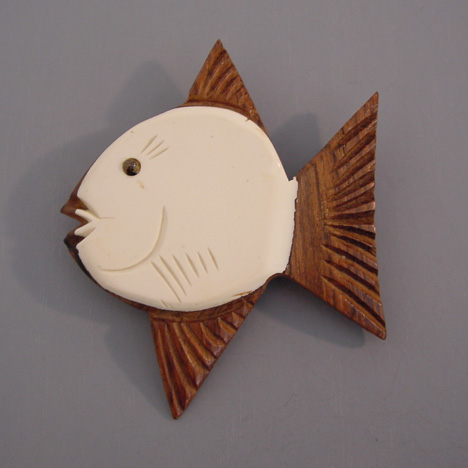 WOOD and carved cream Galalith fish brooch