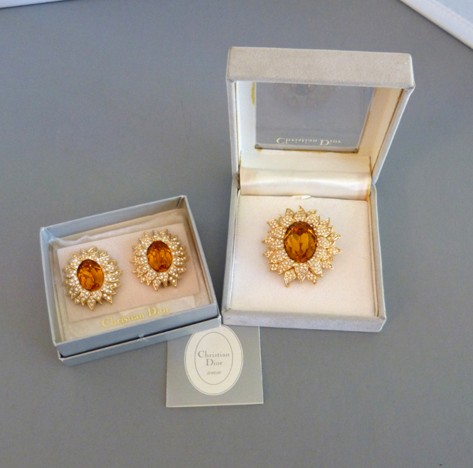 CHRISTIAN DIOR sunflower brooch and earrings in original boxes