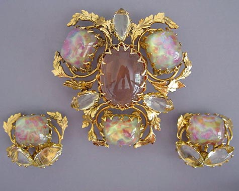 SCHREINER peach glass cabochons brooch & earrings