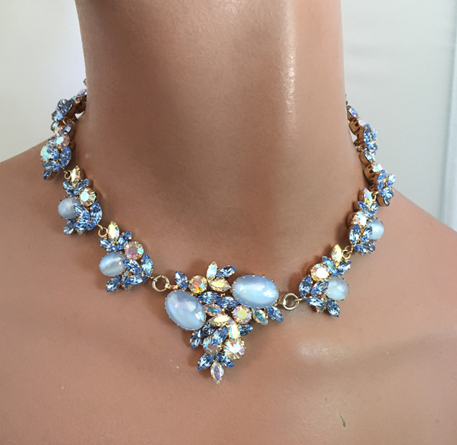 AUSTRIA luminous blue rhinestones necklace with blue cabochons