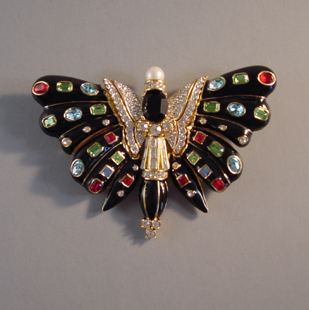 CINER black enameled butterfly brooch with red, green