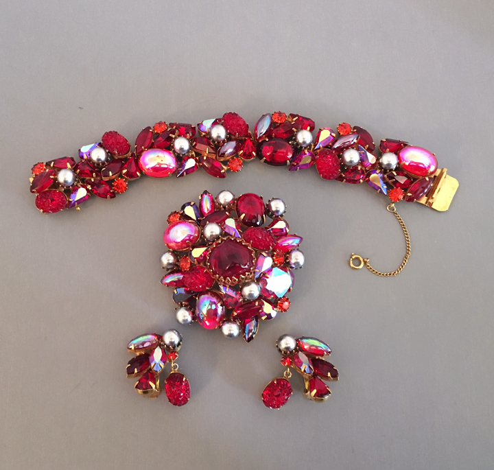 KRAMER brilliant red rhinestone bracelet, brooch & earrings