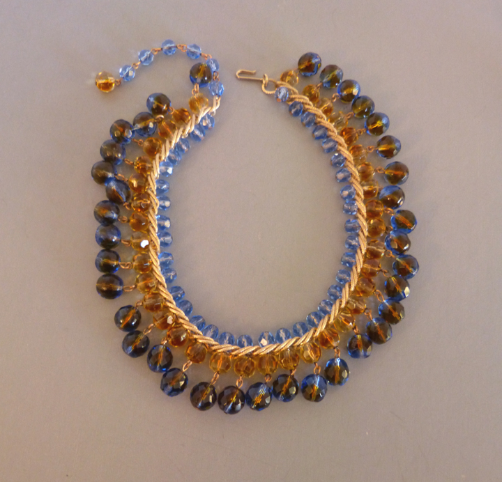 NECKLACE blue and caramel faceted glass beads