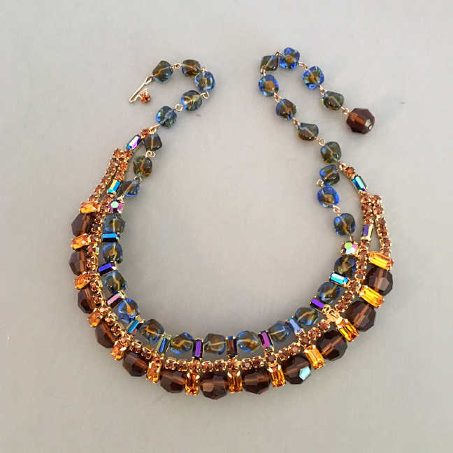 NECKLACE topaz, blue and brown rhinestones and glass beads