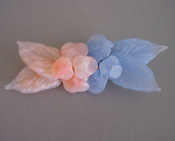 HASKELL Hess brooch of delicate pastel blue and pink glass