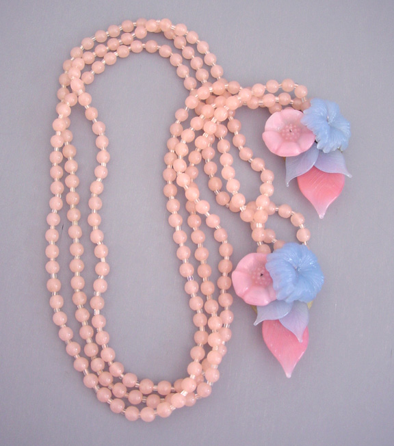 HASKELL Hess pink and blue glass flowers, leaves lariat necklace