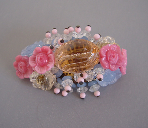 HASKELL Hess early pink & blue glass beads & flowers brooch