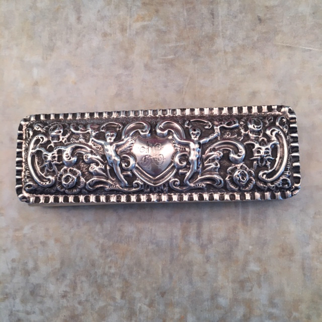 VICTORIAN antique sterling ring box with cherubs, 1897 English