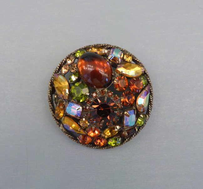 WEISS round rhinestone brooch with dramatic Fall colors