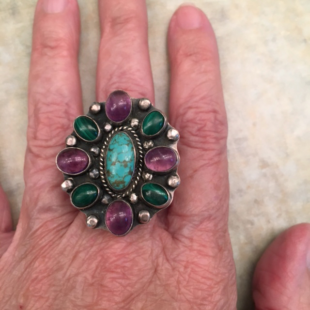STERLING ring with turquoise, amethyst and malachite