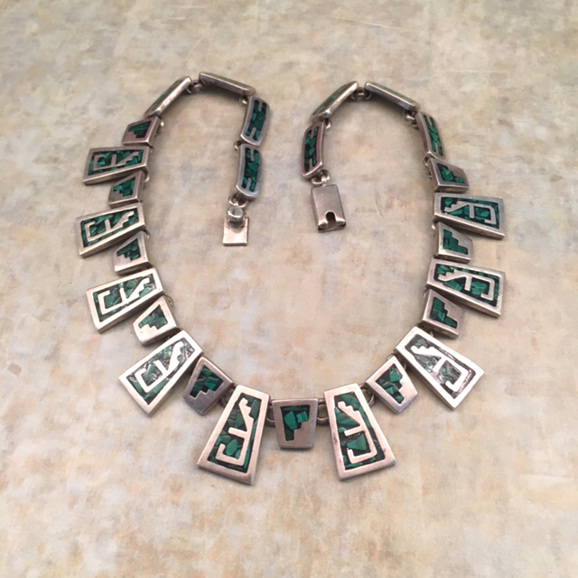 MEXICO sterling silver and malachite chips necklace marked TC-18