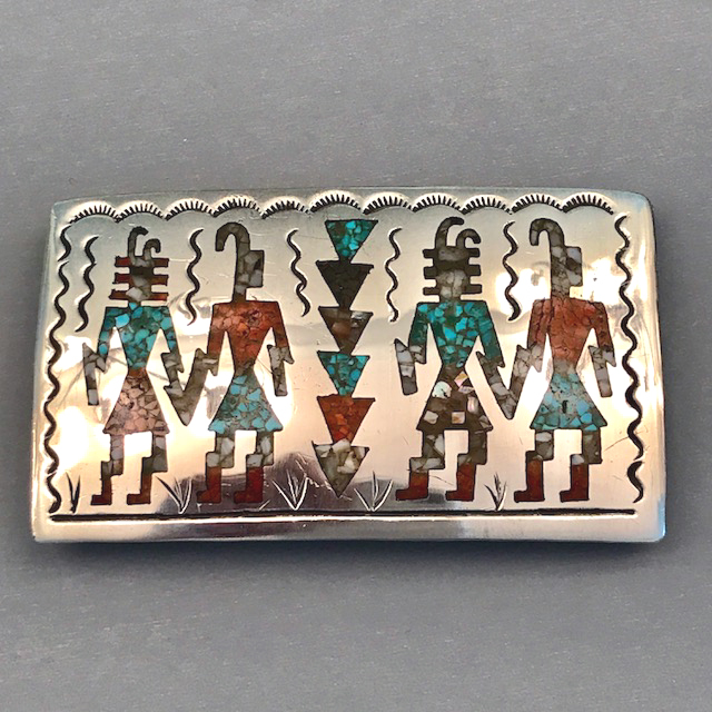 STERLING Native American Navajo inlay buckle with YeiBiChi, marked TW