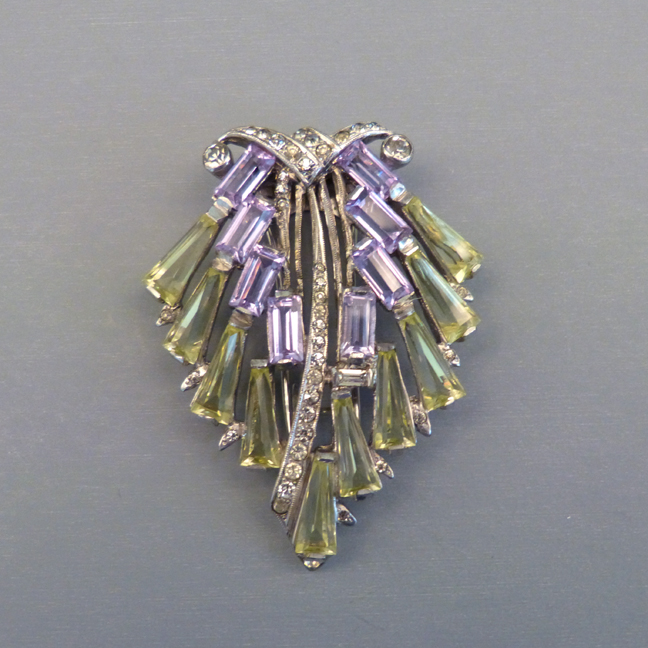 DEROSA fur clip with yellow and blue kite shaped rhinestones, c 1940