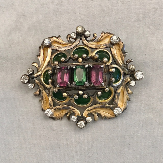 DEROSA gilt sterling brooch with purple and green