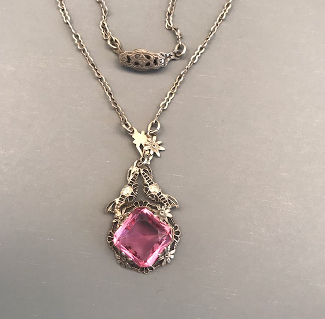 FILIGREE and pink rhinestone pendant on a sterling chain