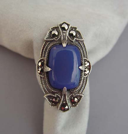 DECO sterling and marcasite ring with blue glass sugar loaf cabochon