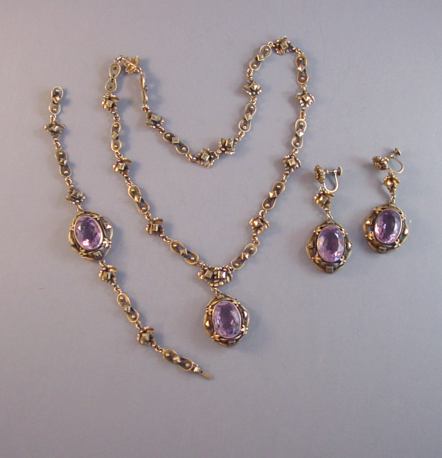 PARURE of gilt sterling filigree, amethysts and gold colored marcasites