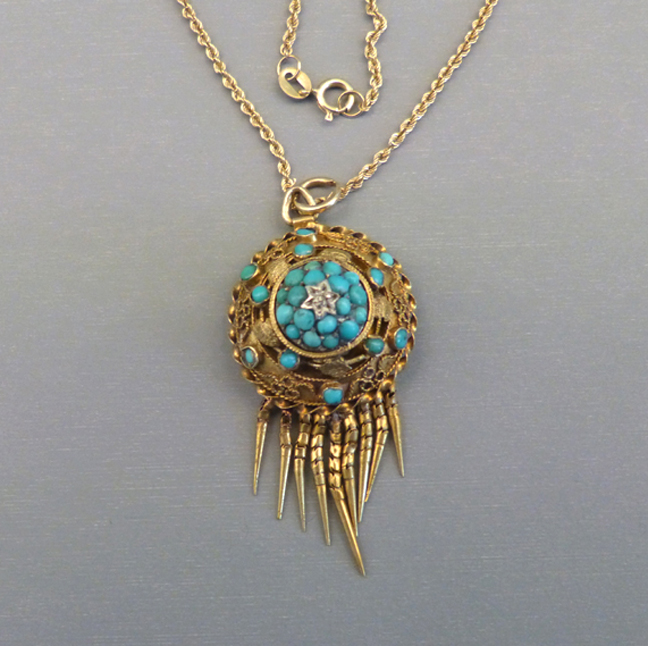 VICTORIAN antique Etruscan Revival 15k and turquoise pendant