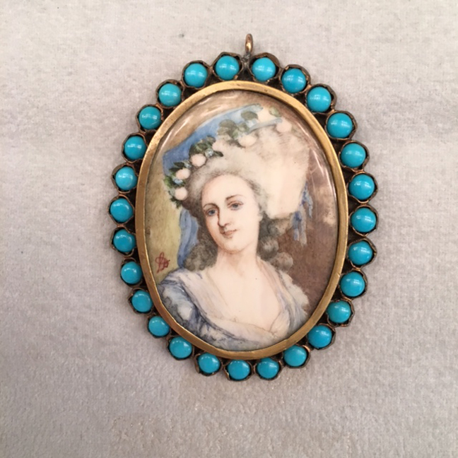 VICTORIAN mini hand painted portrait picture pendant with turquoise, signed by the artist